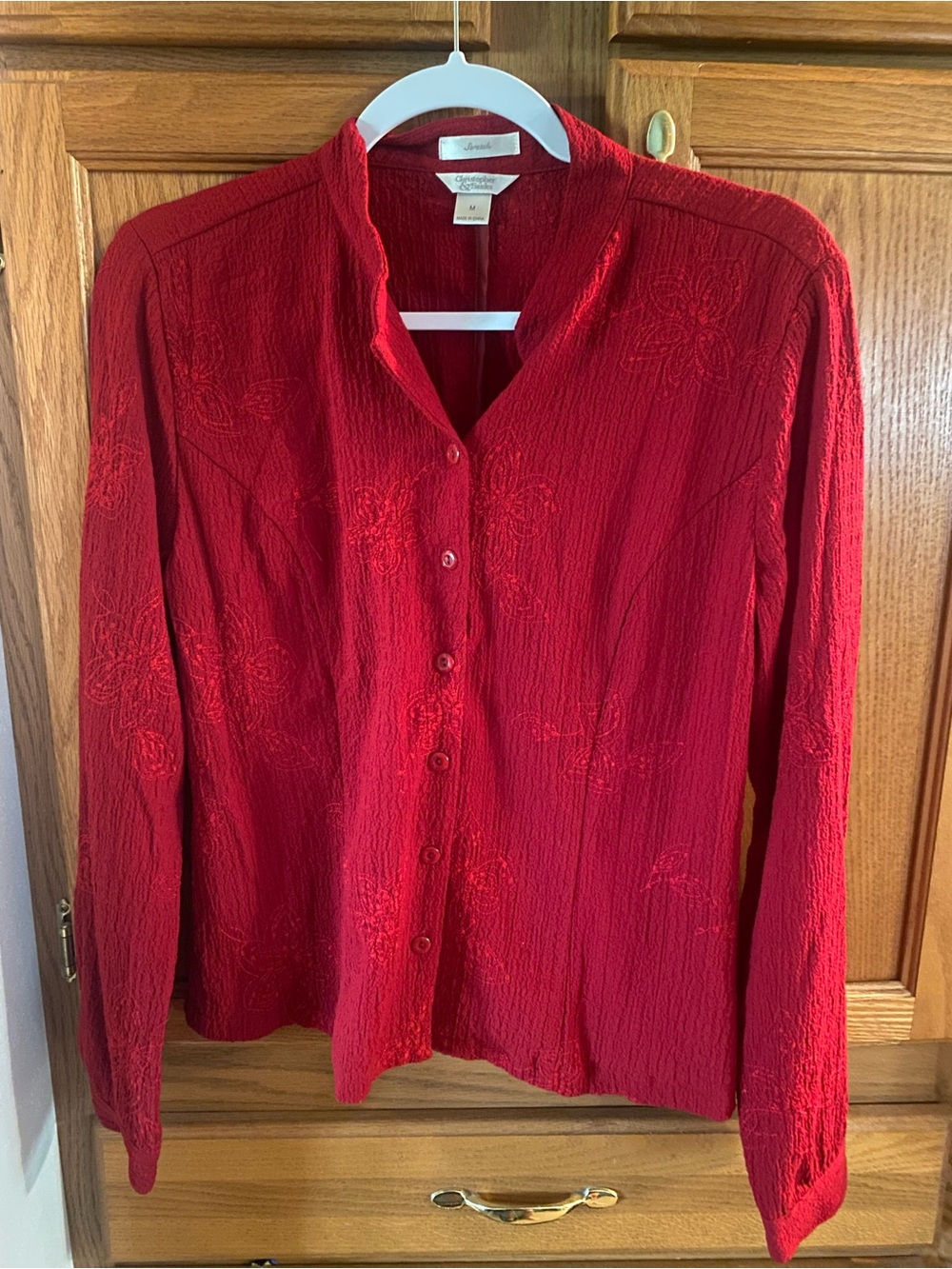 Christopher & Banks Red Button-Front Embroidered Blouse